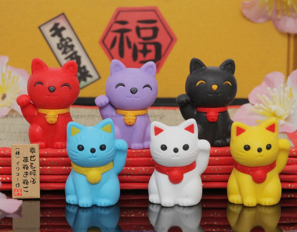 (IWAKO)(ER-MAN001)-made in JAPAN-Lucky Cat Erasers(Display Box can be changed)